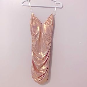 Clear strap dress in a metallic fabric